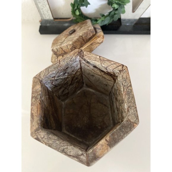 Hexagonal Stone Canister Lidded Container Trinket Box Port To Port Vintage Brown - Picture 3 of 16